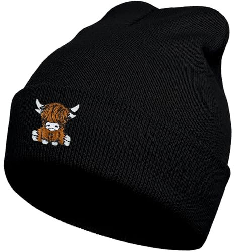 gswirmchsq Beanie-Mütze mit schottischem Hochlandkuh, schwarz, niedliche lustige Kuh-Stickerei, Winter-Strickmütze für Erwachsene, Männer und Frauen, Schwarz, Einheitsgröße