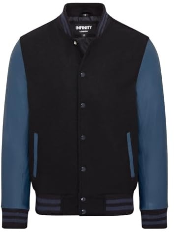 Infinity Leather Letterman Baseball Varsity-Bomberjacke aus Schwarzem, Wollblauem Leder