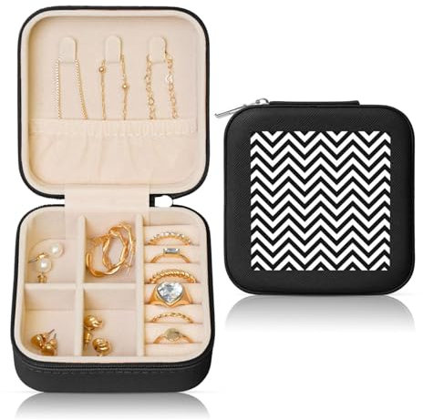 Zickzack-Streifen Tragbare quadratische Schmuckschatulle aus Leder – Aufbewahrung für Ringe, Ohrringe, Halsketten und Armbänder mit Reißverschlusstasche