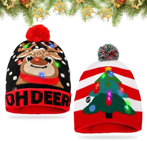 Leonshco LED Weihnachtsmützen, Unisex-Weihnachts Mütze, Warme Mütze mit Licht Kinder, Strickmütze, Christbaumschmuck Mütze, Nikolausmütze, Einheitsgröße, Winter Schnee Hut für Weihnachtsfeier