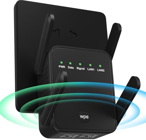 Ripetitore WiFi, amplificatore di segnale WiFi domestico, estensore WiFi, 2 porte LAN, 4 antenne, ripetitore/router/AP, copertura fino a 8.000 pollici quadrati per casa e ufficio