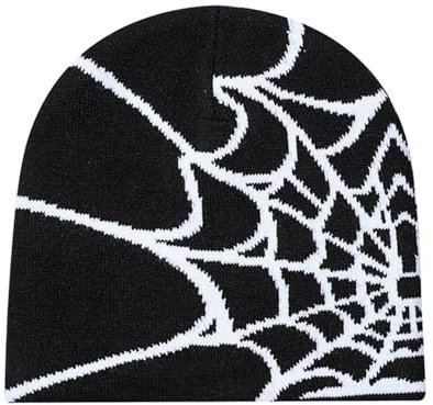Lufdegim Spider Web Strickmütze - Y2K Trendy Slouchy Beanie für Damen und Herren, Soft Gestrickte Cap in Einheitsgröße, Schwarz-Weiß