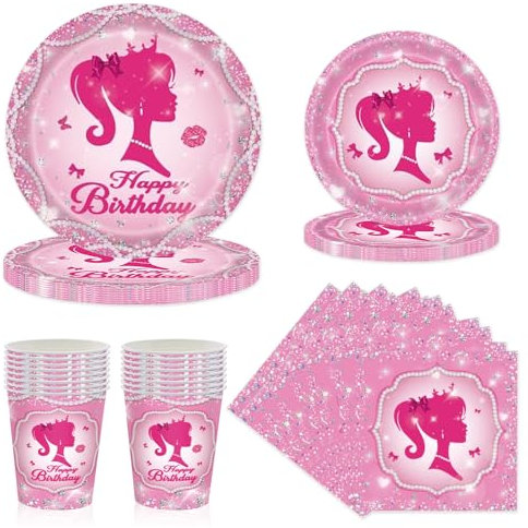 Riisoyu 68 Pièces Bar-bie Vaisselle Anniversaire Fête, Princesse Ensemble Vaisselle Papier Set Princesse Barbi Fournitures de Fête d'anniversaire Assiettes de Vaisselle Tasses Serviettes pour Filles