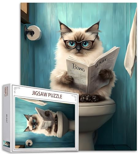 1000 Stück Jigsaw Puzzles für Erwachsene Siamkatze Go Toilet Puzzles Tier WC Puzzle Katze Zeitungspuzzle Herausfordernde Familienaktivität Spiele Buntes DIY Handwerk Puzzle für Home Decor Geschenke