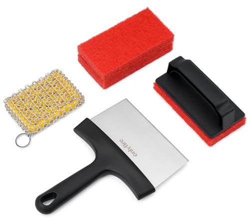 onlyfire Grillrost-Reinigungsset für Gusseisenpfannen, Grillplatte und Dutch Oven, Enthält Edelstahl Schaber, Schrubber Kettenhemd mit Silikoneinsatz, 3 Schwamm und Fester Griff, Grill-Reinigungsset