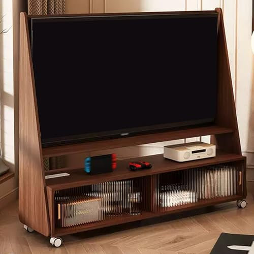 Mobile Wooden TV Stand with Wheels Adjustable Height & Angle Acrylic Sliding Door Rolling Cart for 25-50 Inch TVs Portable TV Cart on Wheels (Brown)