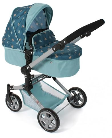 Bayer Chic 2000® 2in1 Kombi Puppenwagen Linus - Sternchen türkis- faltbar, höhenverstellbarer Griff 47-78 cm – Puppen bis 52 cm, 4-8 J.