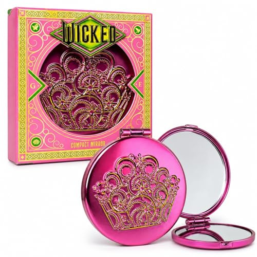 Corsair Toiletries Wicked Glinda Compact Mirror – Pink Double-Sided Folding Makeup Mirror with Gold Crown Design, Travel Purse Accessory