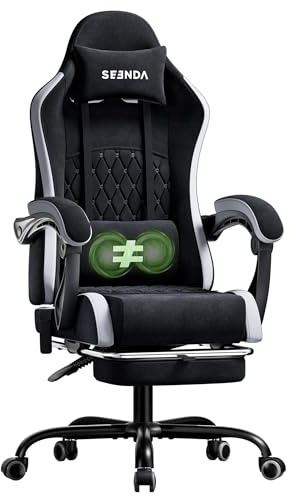 seenda Fabric Gaming Chair with Footrest, Ergonomic Computer Chairs with Reclining Backrest, Massage Lumbar Support and Adjustable Height for Teenages Adults up to 275lbs/125kg, Home and Office, Black
