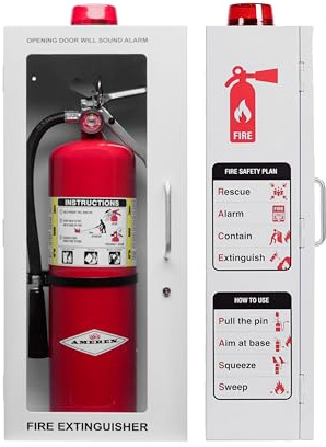 Extintor de 5 libras con alarma, cerradura y ventana acrílica rompible | Montaje en pared o superficie | Se adapta a extintores de hasta 5 libras | Instrucciones de seguridad contra incendios