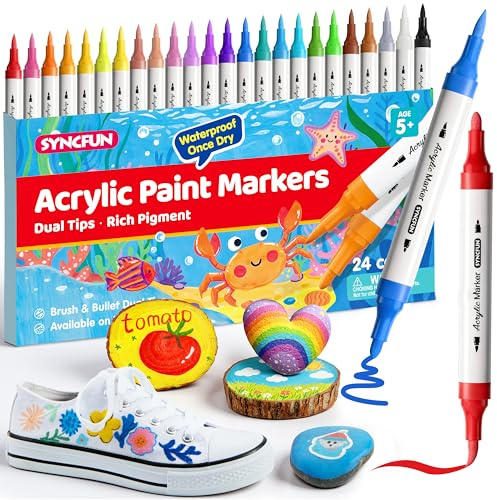 SYNCFUN Acrylstifte für Steine, 24 Farben doppelten Enden(Pinsel- und Rundspitze) Glasmalstifte Spülmaschinenfest, für Stoff, Glas, Geburtstags- oder Ostergeschenke für Kinder