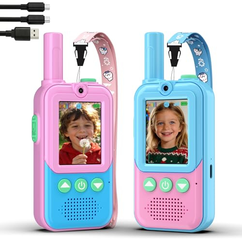 BUKEWIT Walkie Talkie Kinder mit HD Video 2er Set,Kinder Walkie Talkie mit 4 Stimmeffekten&Display,Video Walkie Talkie Kinder für 3-12 Jahren Mädchen Junge für Indoor & Outdoor,Familienspiele,Wandern