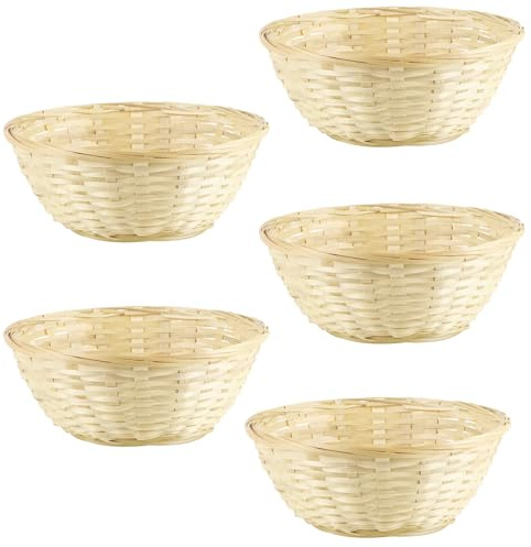 TenaLucy 5 Pièces Panier Rangement Bambou Rotin, Décoration Pâques Stockage, Corbeille à Pain Cadeau Vide, Basket à Pain Rond en Osier en Bambou Naturel pour le Stockage du Pains des Fruits Collations
