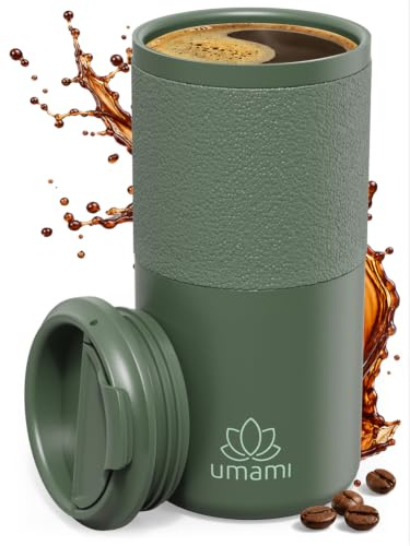 Umami Mug Isotherme Cafe/The, Acier Inoxydable, 100% Étanche Vert | Tasse Isotherme Voyage Inox Double Paroi, 6h Chaud - 12h Froid, Adapté Porte-Gobelets Voiture, Revêtement Antidérapant 550ml