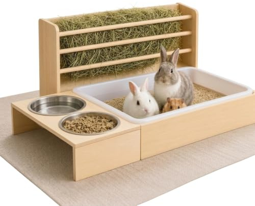 3-in-1 Heuraufe für Kaninchen mit Toilette & 2 Futternäpfen | Holz Heuspender & Kleintier Futterstation für Kaninchen, Meerschweinchen, Hamster, Chinchilla | Reduziert Heuabfall