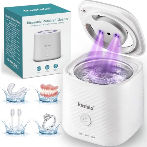 Rasfalo Ultraschallreinigungsgerät 48000Hz UV Ultraschallreiniger 200ML Dental Pod, Ultrasonic Cleaner für Zahnersatz, Retainer, Zahnschiene, Aligner, Prothesen, Schmuck Weiß