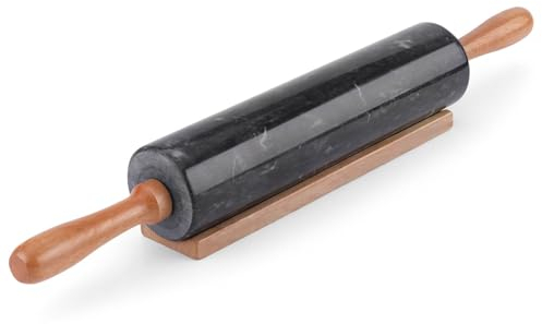 Flexzion Black Marble Rolling Pin, 10-inch with Wooden Handle and Holder Base Stand, Marble Rolling Pin for Baking Pastry Pizza Dough Roller Fondant Cookie Pie Crust Pasta Bakery Roller Pin