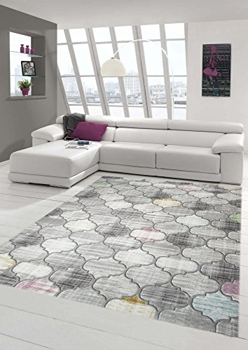 Designer und Moderner Teppich Kurzflor Marokkanisches Muster in Grau Lila Senfgelb Größe 120x170 cm