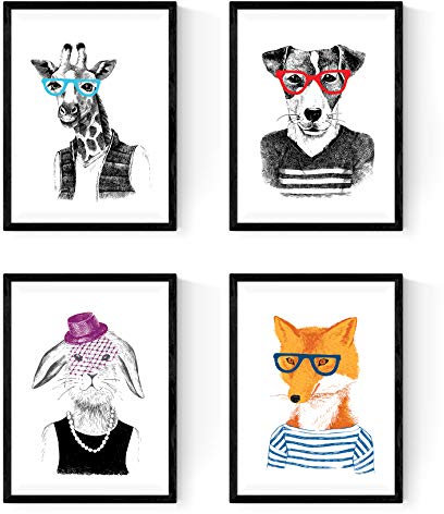 Nacnic Set de 4 affiches Hipster Animaux. Décoration murale de style portrait de girafes, renards, lapins et chiens. Images créatives variées d'animaux cool portant des lunettes.