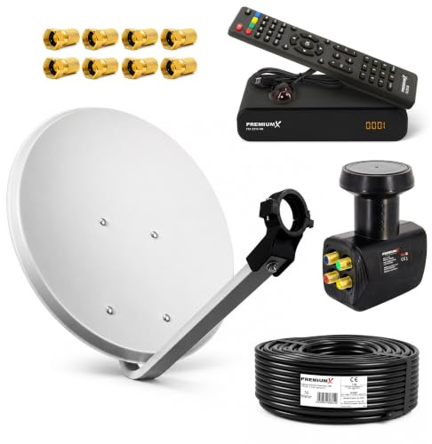 PremiumX Satelliten-Komplettanlage SAT-Schüssel 60cm Aluminium | Hellgrau Quad LNB 50m Kabel SAT TV mini Receiver Full HD