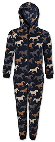 Camille Childrens Super Soft Fleece Onesie - Hooded All In One - Long Sleeved and Full Length with Elasticated Cuffs and Ankles Navy Horse Print 6-8 Years