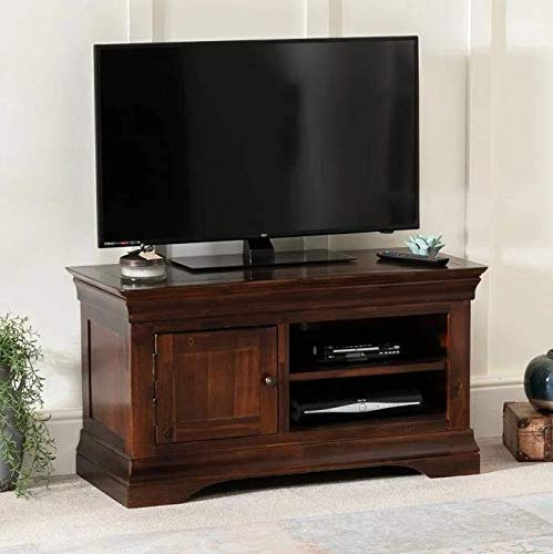 The Furniture Market French Hardwood Mahogany Stained Small TV Unit – Solid Acacia Wood, 2 Open Shelves, Spacious Cupboard, For TVs up to 48, Timeless French Design, H 550mm x W 1010mm x D 440mm