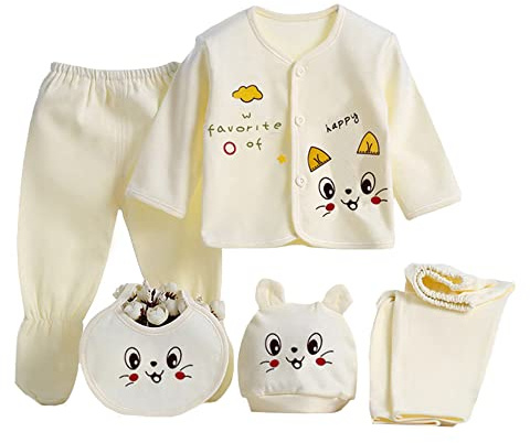 Gajaous Baby Boy Girl's 5PCS Newborn Cotton Grow Top Hat Pants PlaySuit Sets Outfit, Yellow #4, 0-3 Months