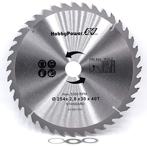 1 Kreissägeblatt Sägeblatt 254x30mm 40 Zähne + 3 Reduzierringe auf 25,4/20 / 16 mm für Einhell Kapp Gehrungssäge TC-SM 254