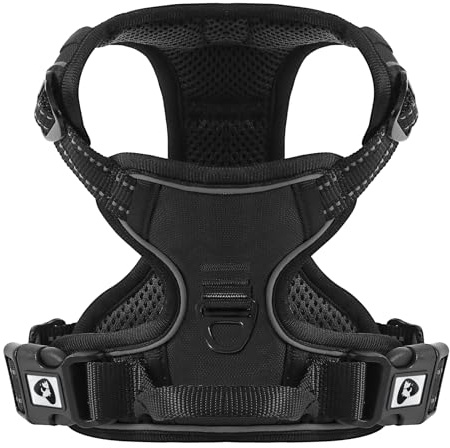 Belababy Dog Harness Small Medium Large No Pull, Adjustable Reflective Front Clip Dog Harness with Easy Control Handle, 2 Metal Rings for Training or Walking, Black XL
