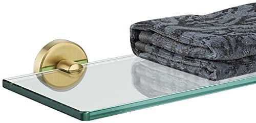 JQK Bathroom Glass Shelf Gold, Tempered Glass Shower Storage 16 by 5 inches, 304 Stainless Steel Brushed Gold Wall Mount, TGS101-BG