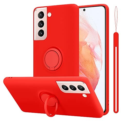 Cadorabo Hülle kompatibel mit Samsung Galaxy S21 5G Schutzhülle TPU Silikon Case Liquid Design mit Ring Slim Kratzfest Liquidsilikon Microfaser Case Hülle für Galaxy S21 5G in Rot