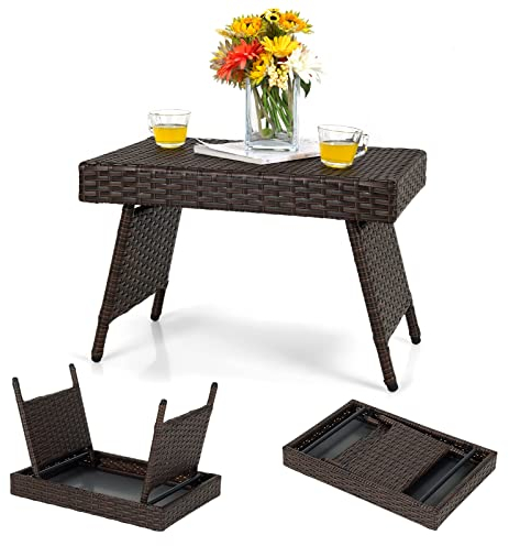 RELAX4LIFE Table Basse Pliable de Jardin en Rotin Tressé Charge Max 45 kg, Table d’Appoint à Café Design Simple et Elégante pour Jardin, Cour, Patio, Piscine, 60 x 40 x 40 CM