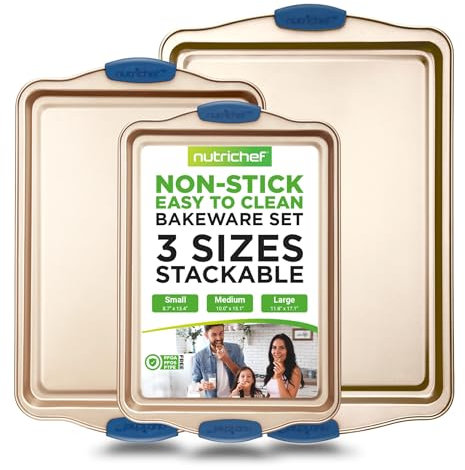 Kitchen Oven Baking Pans - Deluxe Nonstick Gold Coating Inside & Outside Carbon Steel Bakeware Set with Blue Silicone Handles, Durable & Reliable Cookie Sheet Oven Pan Style