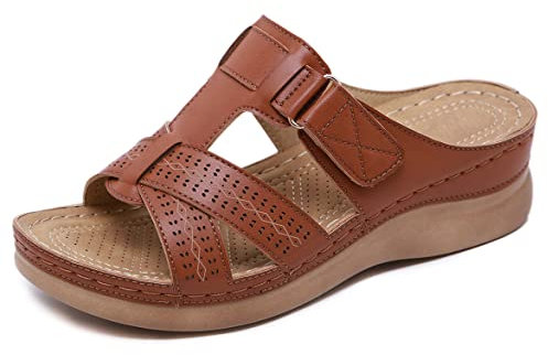 SMajong Sandales Femme été Mode Mules Femmes Compensées Chaussons Confortable Bout Ouvert Plateforme Pantoufles Chaussures de Plage Marron Taille:37 EU