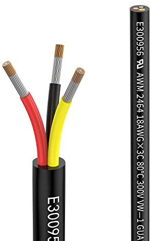 Matugajp 18awg 0.8mm² Electrical Wire 3 Core Extension Cable 20feet UL2464 DC 5V/12V/24V/300V 18 Gauge Oxygen Free Stranded Tinned Copper Wire