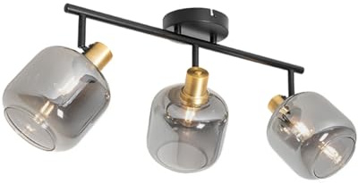 Qazqa Verstellbarer Deckenstrahler, Deckenspot - Zuzanna - Schwarz mit Rauchglas, max. 25W, Geeignet für LED, 79cm, 3-flammig, Ideal als Wohnzimmerlampe, Küche lampe und