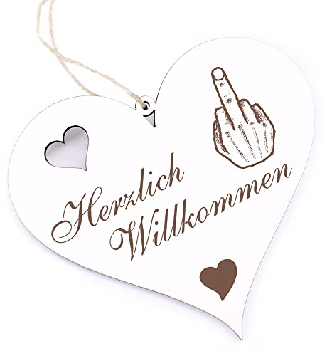 Herzlich Willkommen Schild - Stinkefinger Mann - Deko Herz Holz Willkommensschild Türschild Dekoschild Türdeko
