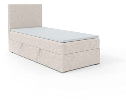 FEDVE Boxspringbett 90x200 Beige - Kolorado – Dauerhaft Bett mit Bettkasten Links – Praktisches Einzelbett für Viele Jahr – Kopfteil Bett mit Stauraum zum Schlafzimmer