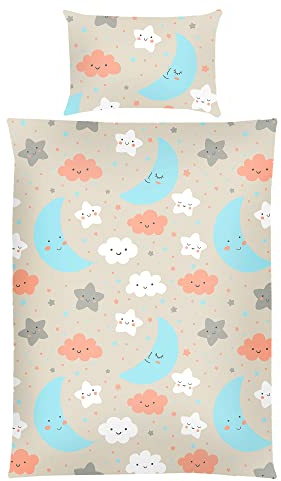 Kinder Bettwäsche 2-TLG (100x135cm / 40x60cm) Bettdecken Set, 100% Baumwolle - Babybettwäsche mit Motiv - Mond und Wolken