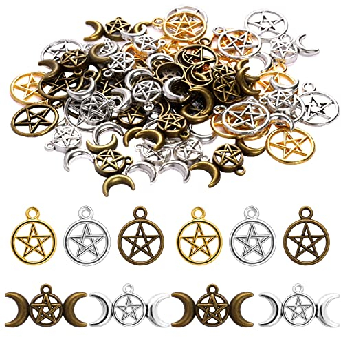 Legierung Pentagramm Halbmond Charms 50 Stücke Pentagramm Stern Charms Anhänger Glückshexe Anhänger Himmlische Charms Gemischte Mond Stern Charms für DIY Ohrringe Halskette Schmuck Handwerk Zubehör