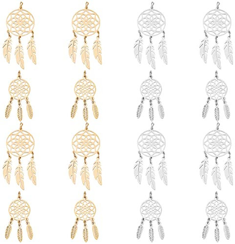 SUNNYCLUE 1 Box 8Stück Traumfänger Charms Traumfänger Charm Edelstahl Feder Charm Hohl Metall Doppelseitig Charms Für Die Schmuckherstellung Charm Ohrringe Halskette Schlüsselanhänger Frauen DIY