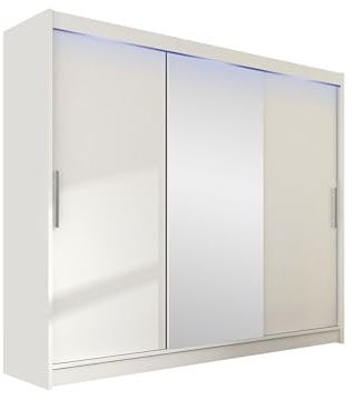 Mirjan24 Kleiderschrank Aston 250 mit Spiegel, Schwebetürenschrank, Schlafzimmerschrank, Schiebetürenschrank, Garderobe, Schlafzimmer (Weiß, mit RGB LED Beleuchtung)