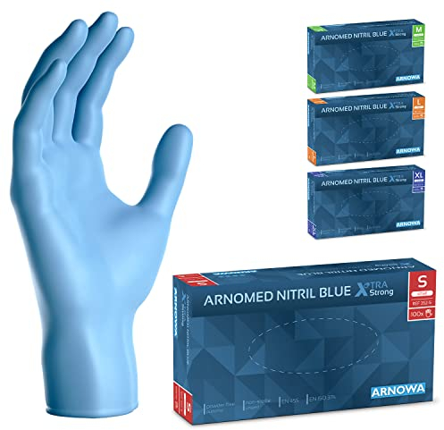 ARNOMED Einweghandschuhe Blau Extra Stark, Einmalhandschuhe in S, 50% dickere Nitrilhandschuhe, 100 Stk./Box, Handschuhe Einweg puderfrei, latexfreie Gummihandschuhe, Einweghandschuhe in S, M, L & XL