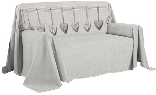 PENSIERI DELICATI Funda para sofá de 250 x 290 cm, Fabricada en Italia, 100% algodón Puro, con Estampado de Corazones Colgantes, Color Beige, Ideal como Tela Decorativa, salvadivas, Colcha de Verano