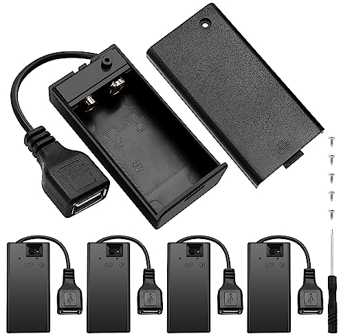 5 PCS 9V Battery Holder, KUOQIY Plastic 9 Volt Battery Case with Cover ON/Off USB Female Socket, 9V Battery Storage Box for CCTV, Motor, Solenoid, LED Strip, with Screw & Screwdriver