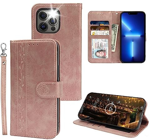 McWaLa Wallet Case for iPhone 13 Pro, Premium Leather Flip Case with Card Holder and Kickstand Function, Protecte Shockproof Cover for iPhone 13 Pro, 6.1- Rose Gold