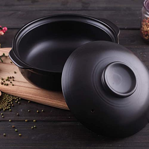Olla de barro para guisos lentos Olla deliciosa para sopa Olla para arroz de barro Apta para horno Olla para sopa resistente al calor Cazuela redonda de cerámica con tapa Olla familiar negra 1.9l (Bl