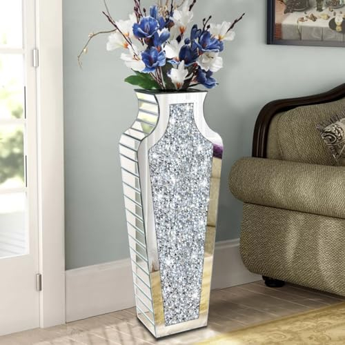 Allartonly Jarrón con espejo de diamante aplastado de 27 pulgadas de alto, espejo decorativo de cristal plateado de gran tamaño para decoración del hogar. No puede contener agua.