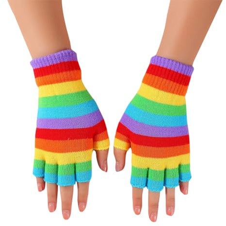1 Pair Rainbow Striped Fingerless Gloves Half Finger Knit Gloves Warm Typing Mittens Colorful Winter Thermal Gloves