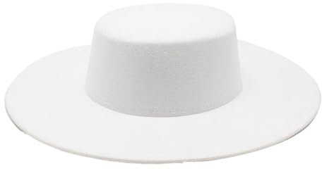 BEALIFE Schwarzer Filzhut für Damen mit großer Krempe, modisch und praktisch für alle Gelegenheiten. Hochwertige Flache Kirchen Derby Kappe mit breiter Krempe, Weiß